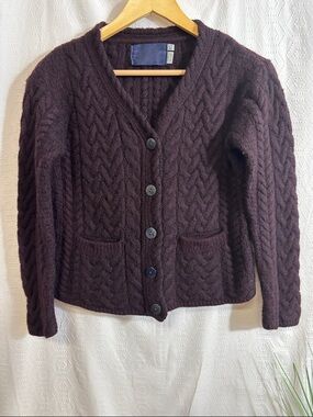🧶 Aran Sweater Market 100% Merino Wool Purple Cable Knit Cardigan (Ireland)
